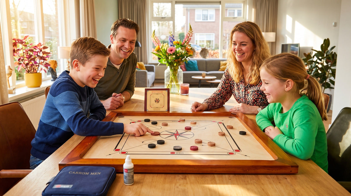 Een gezin speelt carrom aan tafel met het Premium Carrom Board van Ubergames (afbeelding gemaakt met AI)