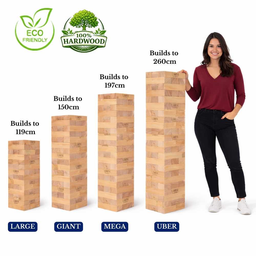 100% Hardhouten Blokkenspel Stapeltorens - 120+ tot 260+ cm - ECO-Made in India Topkwaliteit - Designed in England - In Stevige Tas