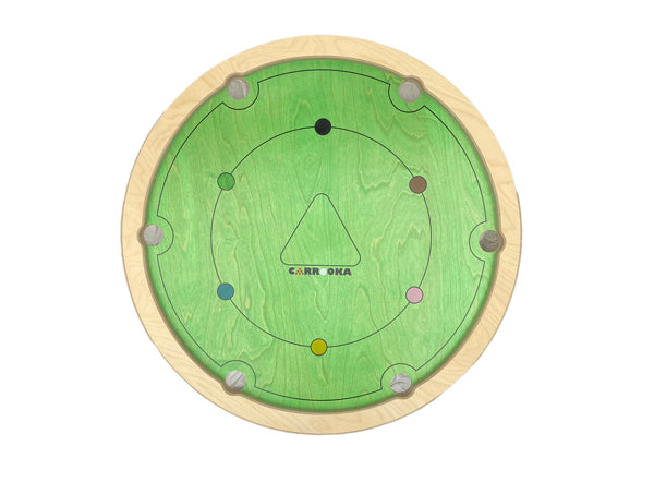 Bovenaanzicht van het lege Carrooka Classic Groen bord met de zes snookerkleuren op de rand