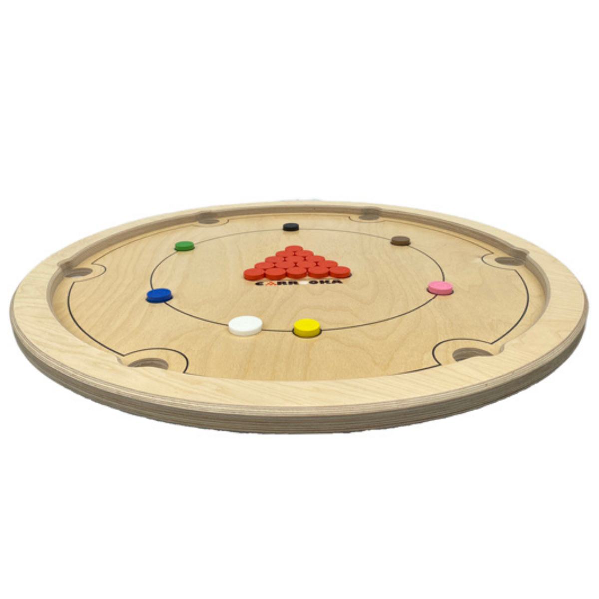 Carrooka Natural bord vanuit driekwart hoek met fiches opgesteld voor het spel