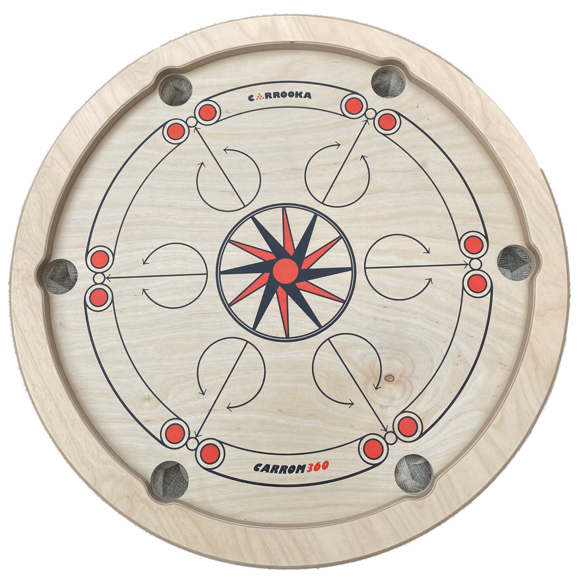 Bovenaanzicht van het lege Carrooka Carrom360 draaibord met ster in het midden en zes pockets