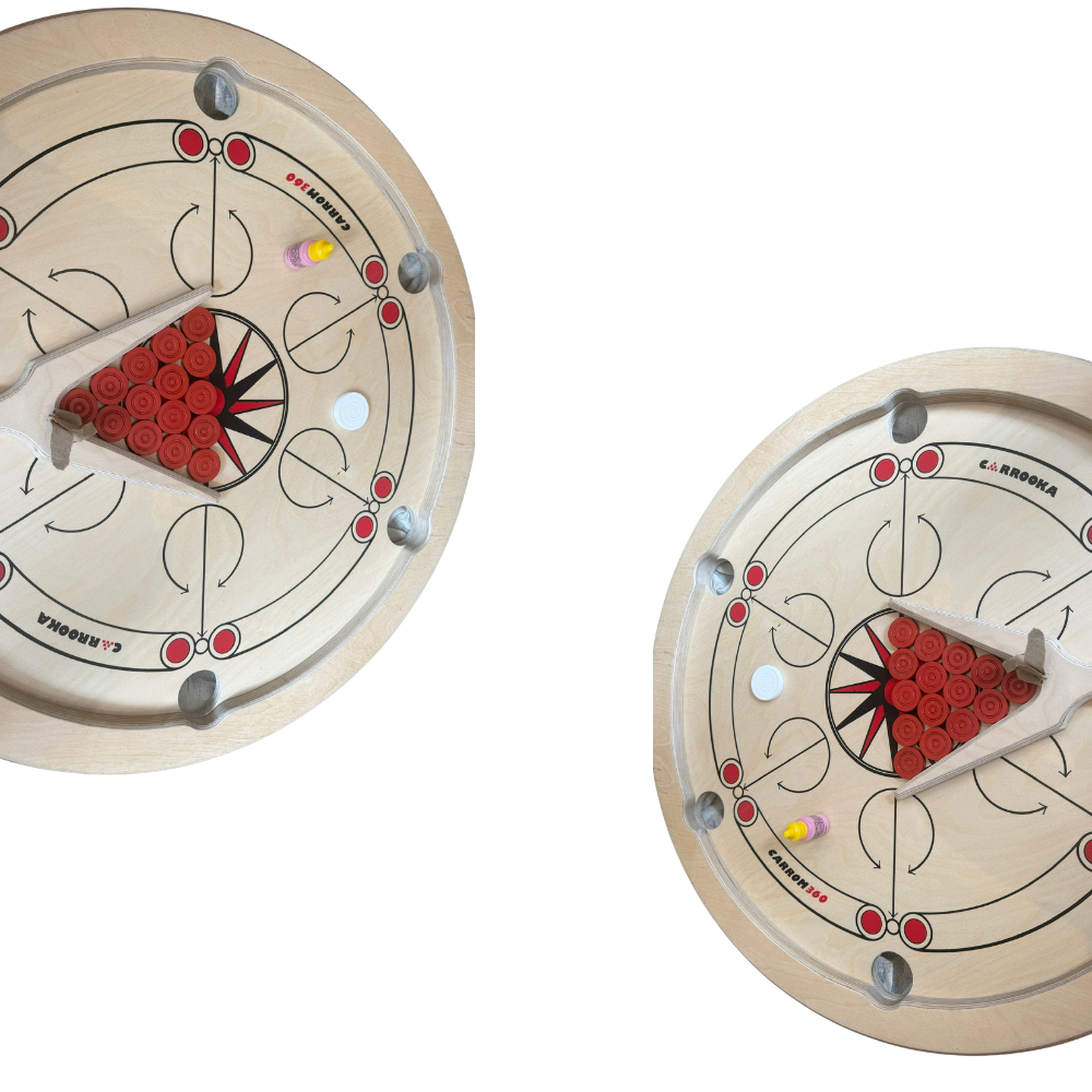 Carrooka Carrom 360 natural birch finish ratating board game with 9 yellow, 9 black ,1 red ,1 acrylic stricker, Recycled cotton draw string bag, powder and Instruction Book Size 68 cms Ht 9 cms