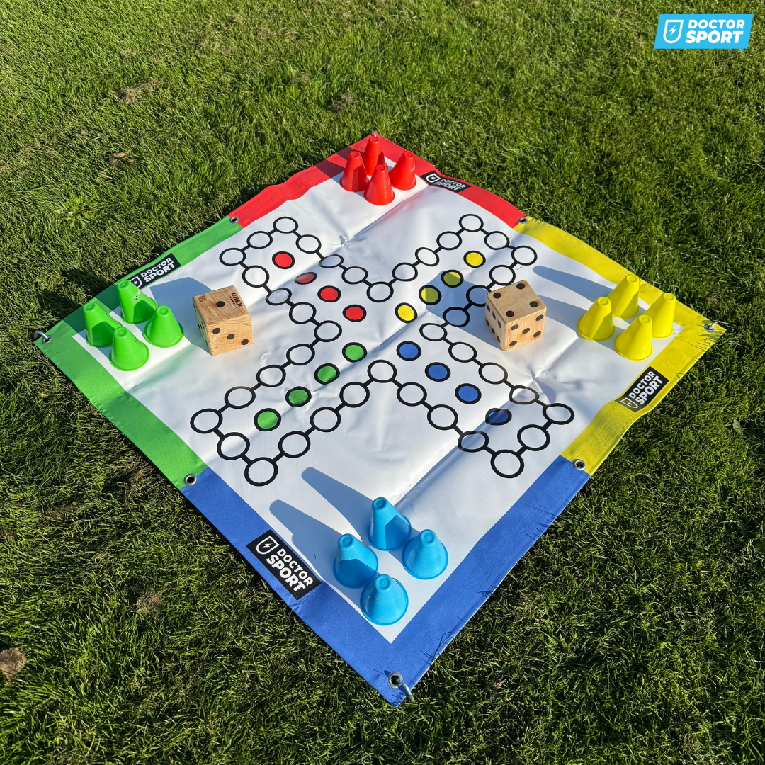 Mens-Ludo-Je-Niet XXL 4 spelers- speelveld van 100x100 cm tot 500x500 cm - met dobbelstenen en pionnen!