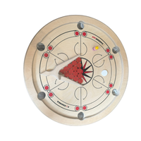 Carrooka Carrom 360 natural birch finish ratating board game with 9 yellow, 9 black ,1 red ,1 acrylic stricker, Recycled cotton draw string bag, powder and Instruction Book Size 68 cms Ht 9 cms