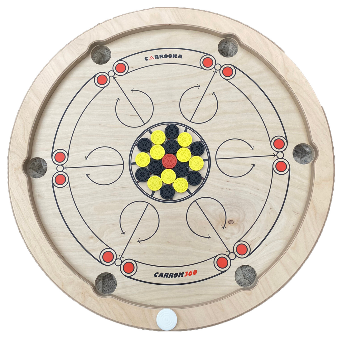 Bovenaanzicht van het Carrooka Carrom360 draaibord met gele en zwarte fiches rond de rode dame en witte stootsteen