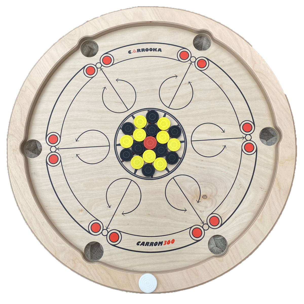 Bovenaanzicht van het Carrooka Carrom360 draaibord met gele en zwarte fiches rond de rode dame en witte stootsteen