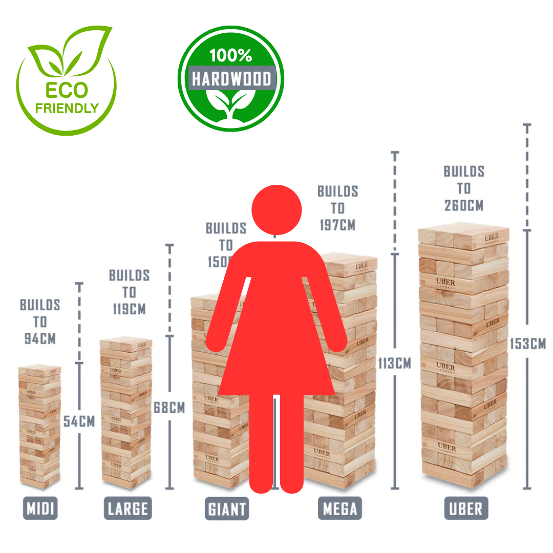 100% Hardhouten Stapeltorens - 120+ tot 260+ cm - Blokkenspel - ECO-Made in India Topkwaliteit - Designed in England - In Stevige Tas