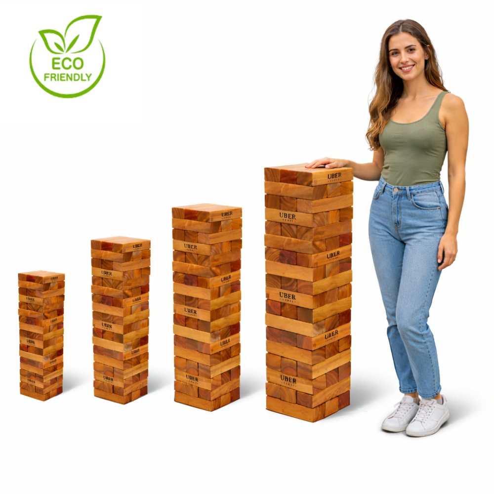 100% Unieke Hardhout-spel Stapeltorens - 120+ tot 260+ cm - Blokkenspel - Gelakt - ECO-Made in India Topkwaliteit - Designed in England - In Stevige Tas