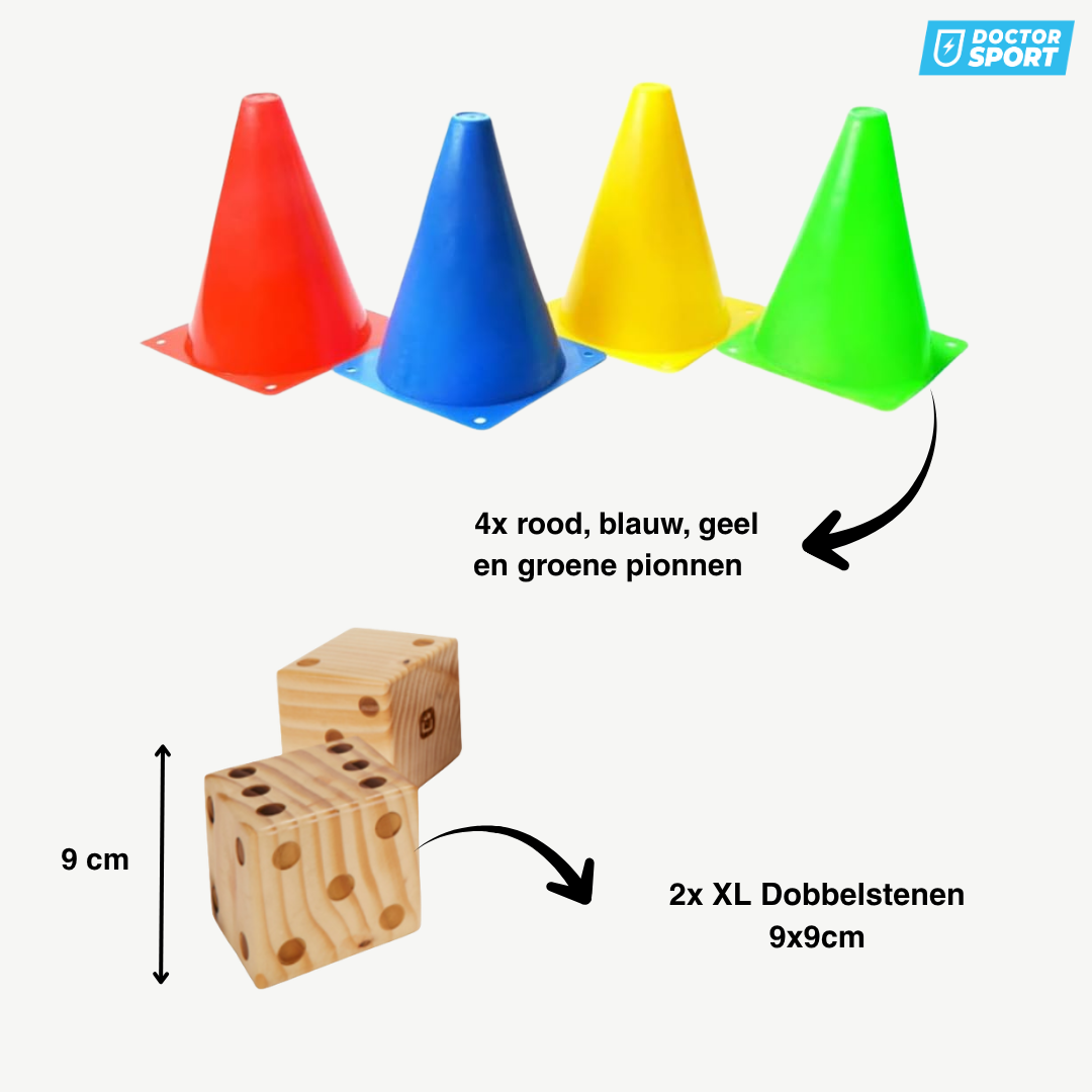 Mens-Ludo-Je-Niet XXL 4 spelers- speelveld van 100x100 cm tot 500x500 cm - met dobbelstenen en pionnen!
