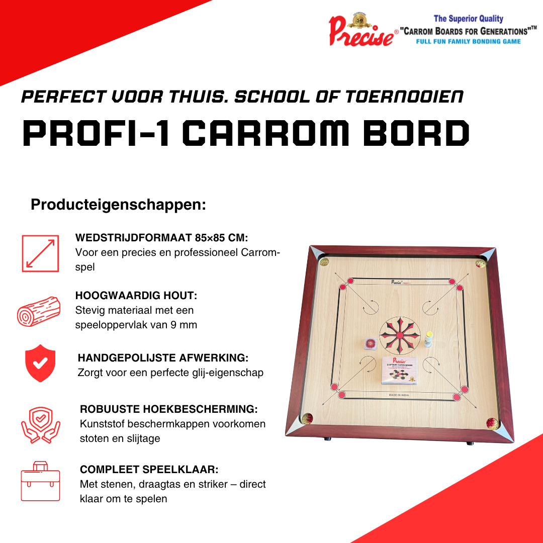 Precise Carrom Bord - Original 6 kg. 9mm Profi -  Nr.1 Carrom Manufacturer - Incl. draagtas