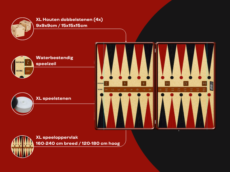 XXL Backgammon - 240x180cm of 160x120cm - Inclusief houten dobbelstenen