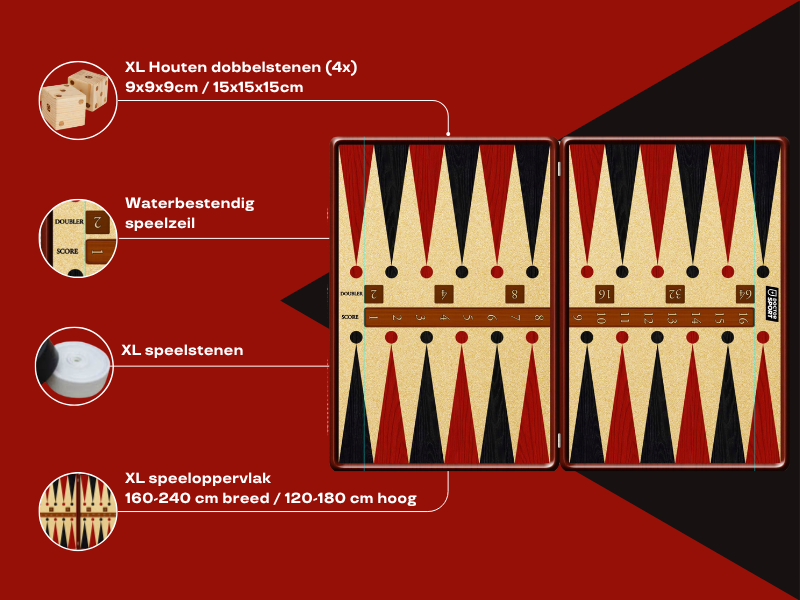 XXL Backgammon - 240x180cm of 160x120cm - Inclusief houten dobbelstenen