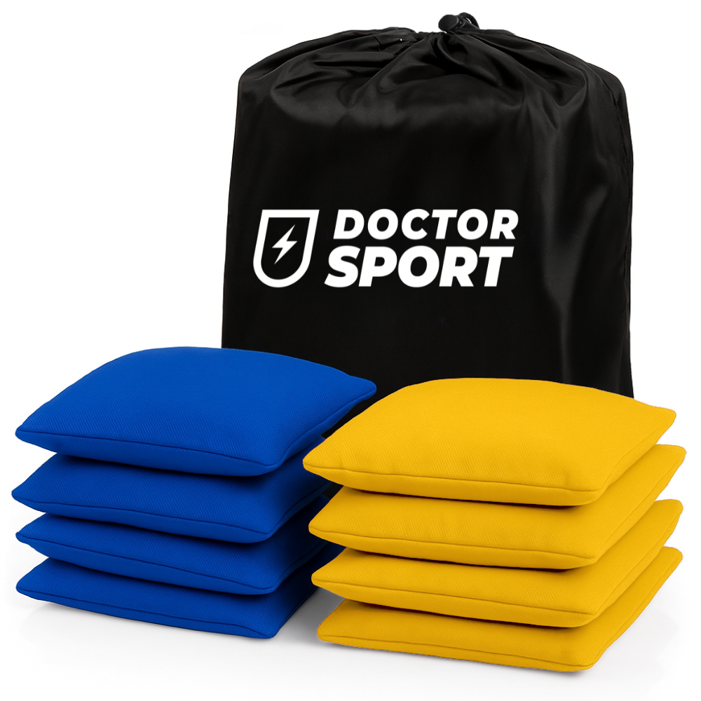 8 DOCTOR Sport cornhole bean bags, 4 blauw en 4 geel, met zwart opbergtasje op witte achtergrond (DS-BB-YB)