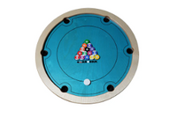 Carrooka Pool 8 Blue rotating board game with 7 solid ,7striped ,1 black coin and 1 acrylic stricker, recycled cotton draw string bag, powder and Instruction Book Size Dia 68 cms Ht 9 cms