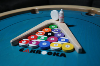 Carrooka Pool 8 Blue rotating board game with 7 solid ,7striped ,1 black coin and 1 acrylic stricker, recycled cotton draw string bag, powder and Instruction Book Size Dia 68 cms Ht 9 cms