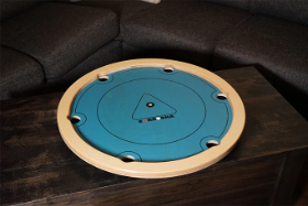 Carrooka Pool 8 Blue rotating board game with 7 solid ,7striped ,1 black coin and 1 acrylic stricker, recycled cotton draw string bag, powder and Instruction Book Size Dia 68 cms Ht 9 cms