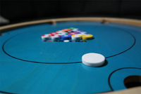 Carrooka Pool 8 Blue rotating board game with 7 solid ,7striped ,1 black coin and 1 acrylic stricker, recycled cotton draw string bag, powder and Instruction Book Size Dia 68 cms Ht 9 cms