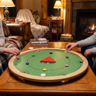 Carrooka Classic Groen draaibord met snookerfiches op een salontafel, twee spelers aan het spel bij de open haard