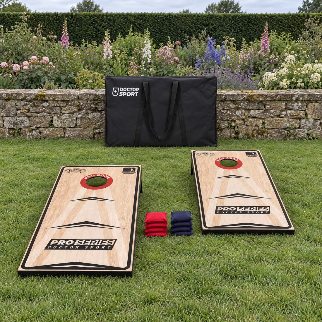 DOCTOR SPORT Cornhole Pro Set 120x60 cm met 2 borden, 4 rode en 4 blauwe bean bags en draagtas in de tuin