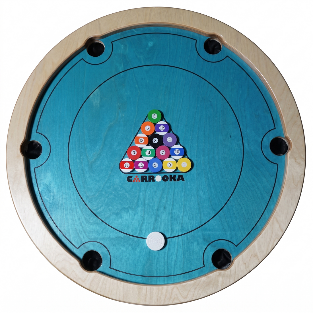 Carrooka Pool 8 Blue draaibord bovenaanzicht met poolbal-fiches in driehoek