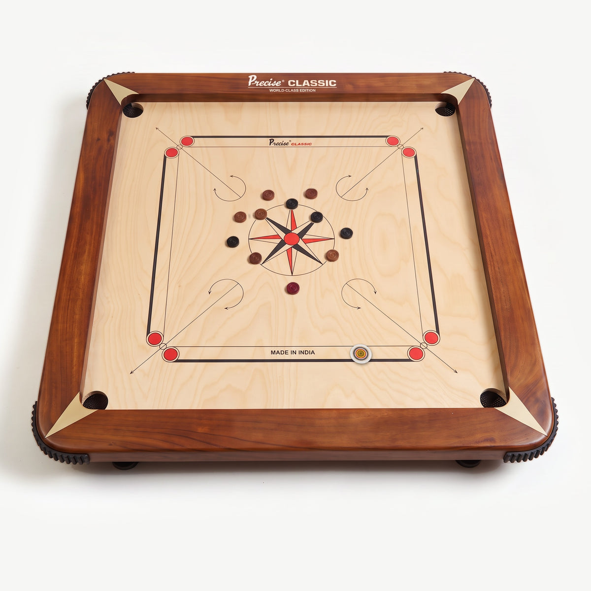 Precise Carrom bord World-Class Edition met speelstenen in beginopstelling