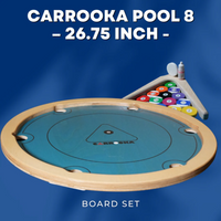 Carrooka Pool 8 Blue rotating board game with 7 solid ,7striped ,1 black coin and 1 acrylic stricker, recycled cotton draw string bag, powder and Instruction Book Size Dia 68 cms Ht 9 cms
