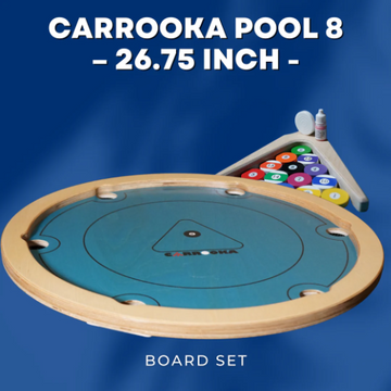 Carrooka Pool 8 Blue rotating board game with 7 solid ,7striped ,1 black coin and 1 acrylic stricker, recycled cotton draw string bag, powder and Instruction Book Size Dia 68 cms Ht 9 cms