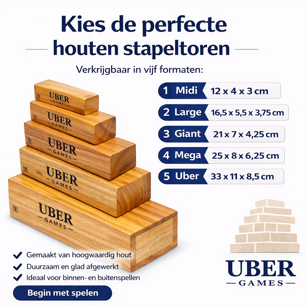 100% Unieke Hardhout-spel Stapeltorens - 120+ tot 260+ cm - Blokkenspel - Gelakt - ECO-Made in India Topkwaliteit - Designed in England - In Stevige Tas