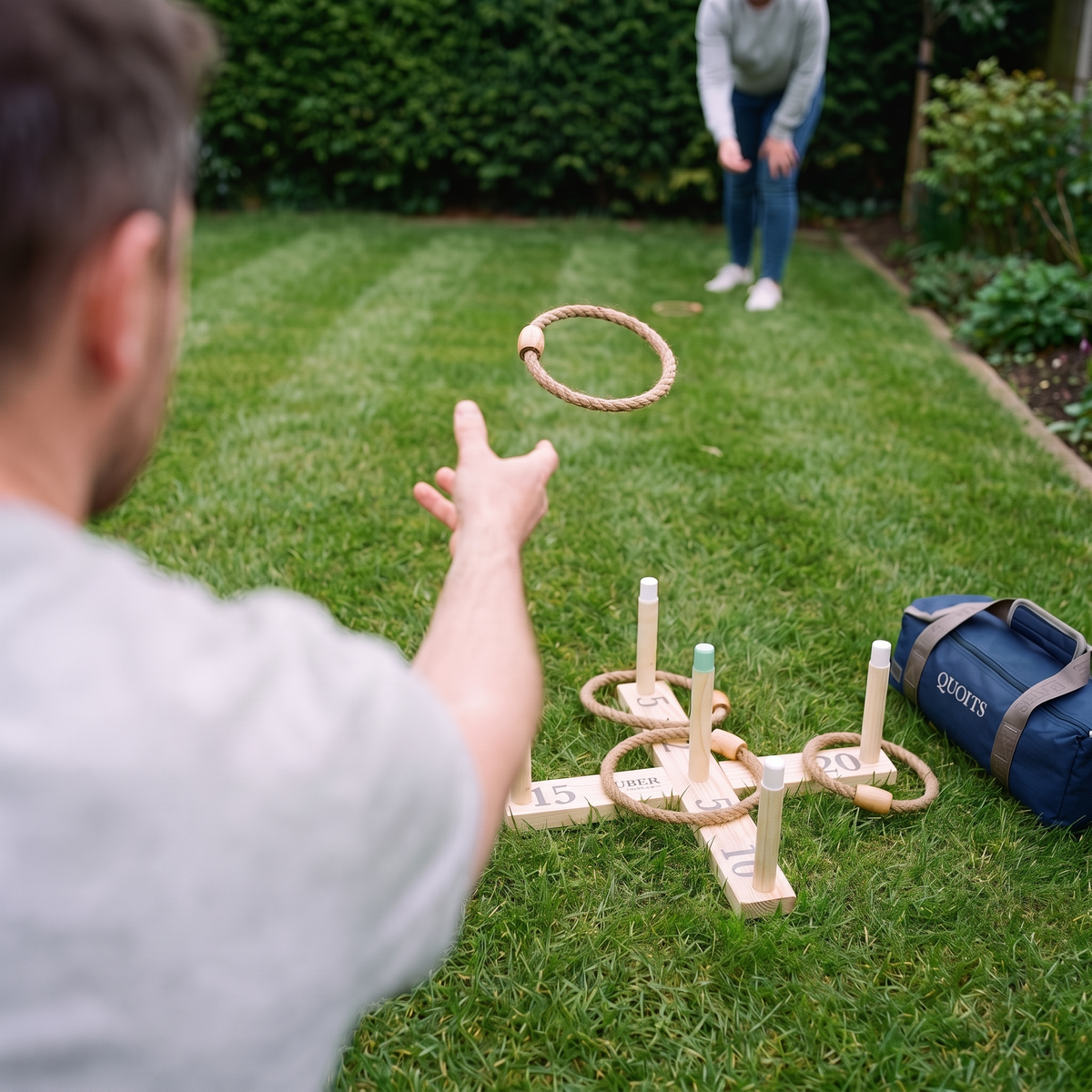 Mini Ringwerpen Quoits set klaar om te spelen op een tafel buiten