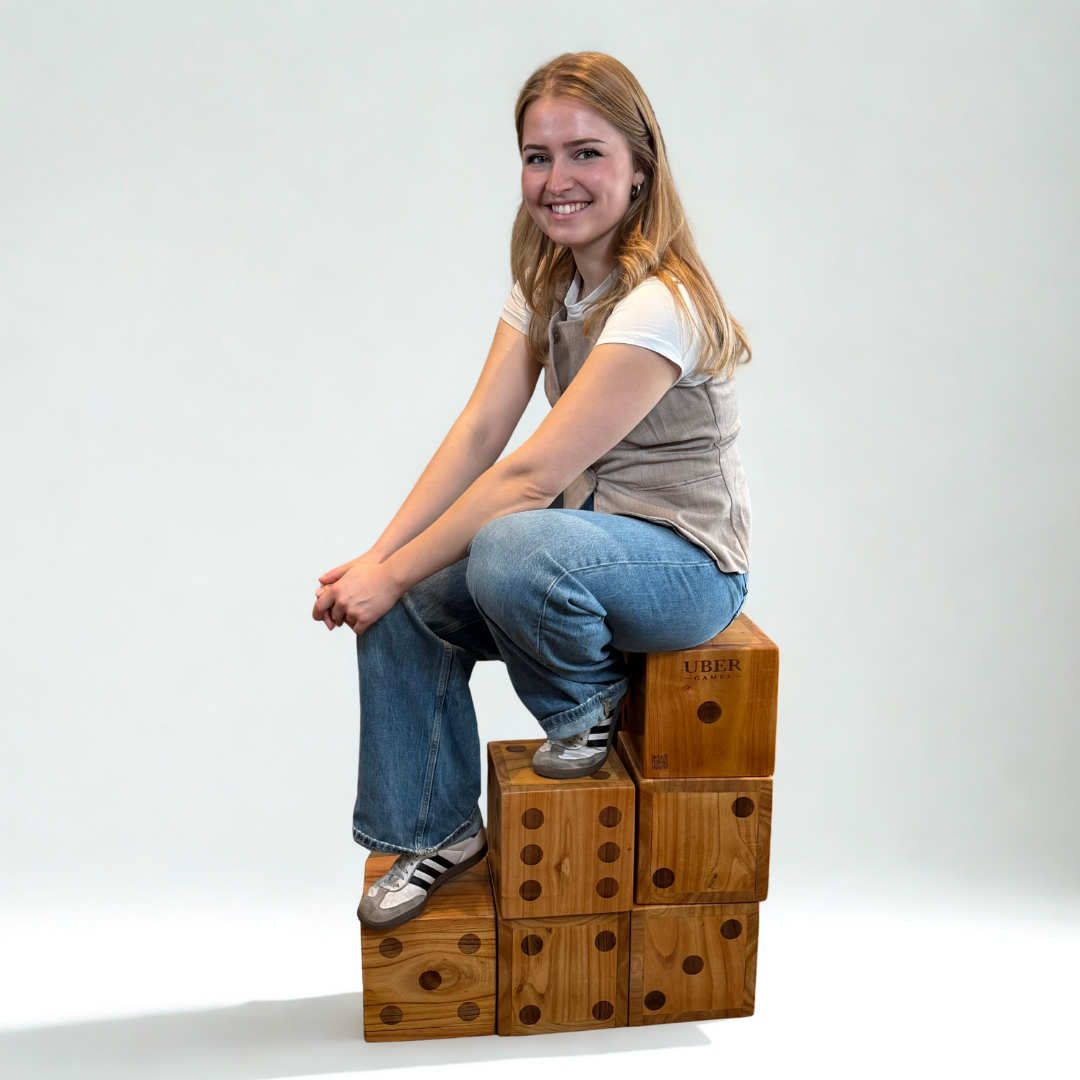 Ubergames Houten Dobbelstenen – 6 stuks – 9 cm / 15 cm / 21 cm – Eco Hout + Luxe Draagtas