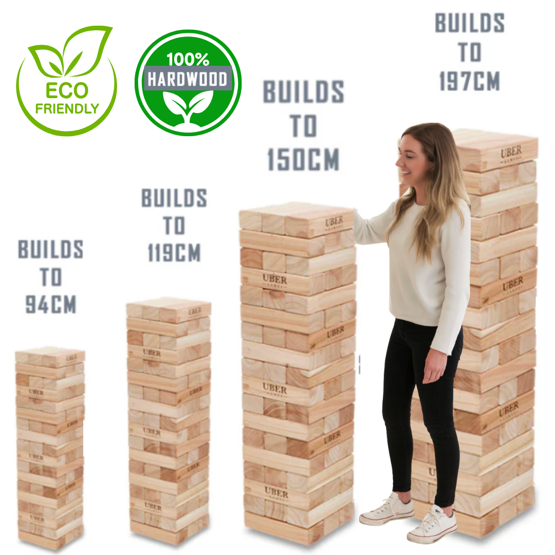 100% Hardhouten Stapeltorens - 120+ tot 260+ cm - Blokkenspel - ECO-Made in India Topkwaliteit - Designed in England - In Stevige Tas