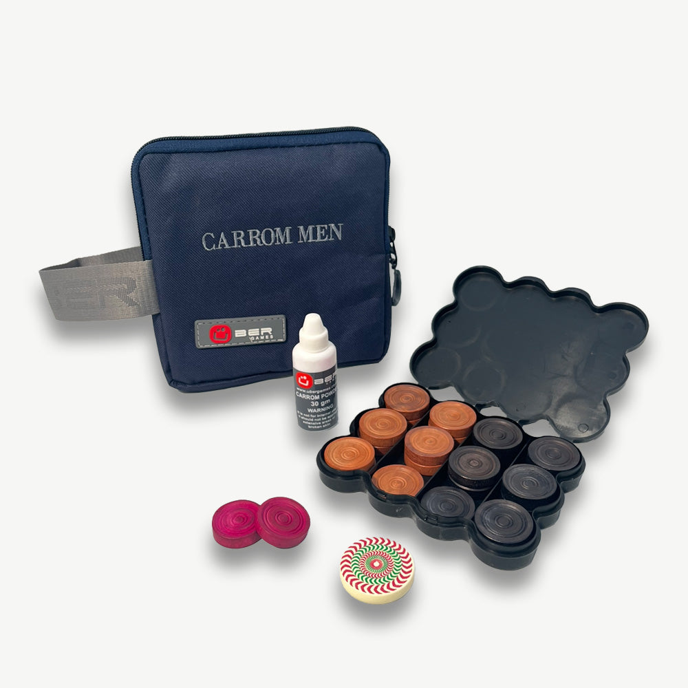 Carrom Coin Set - Compleet - 1 Striker - 24 Stenen - 30 g poeder - 1 opbergtas