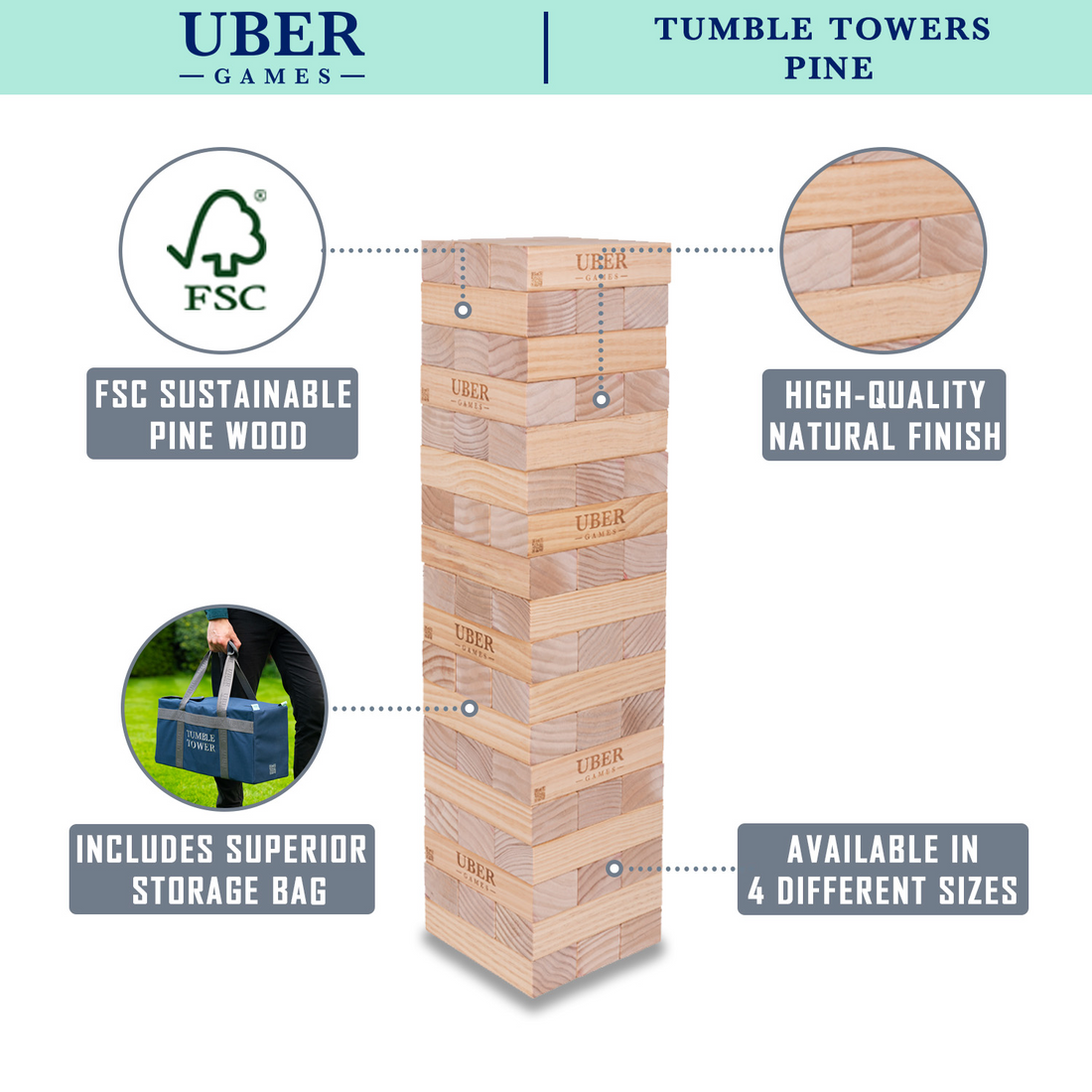 Stapeltoren spel - Tactisch spel - Midi - 5 kg - Tot 90 cm hoog - Eco hout topkwaliteit - Designed in England - In stevige draagtas