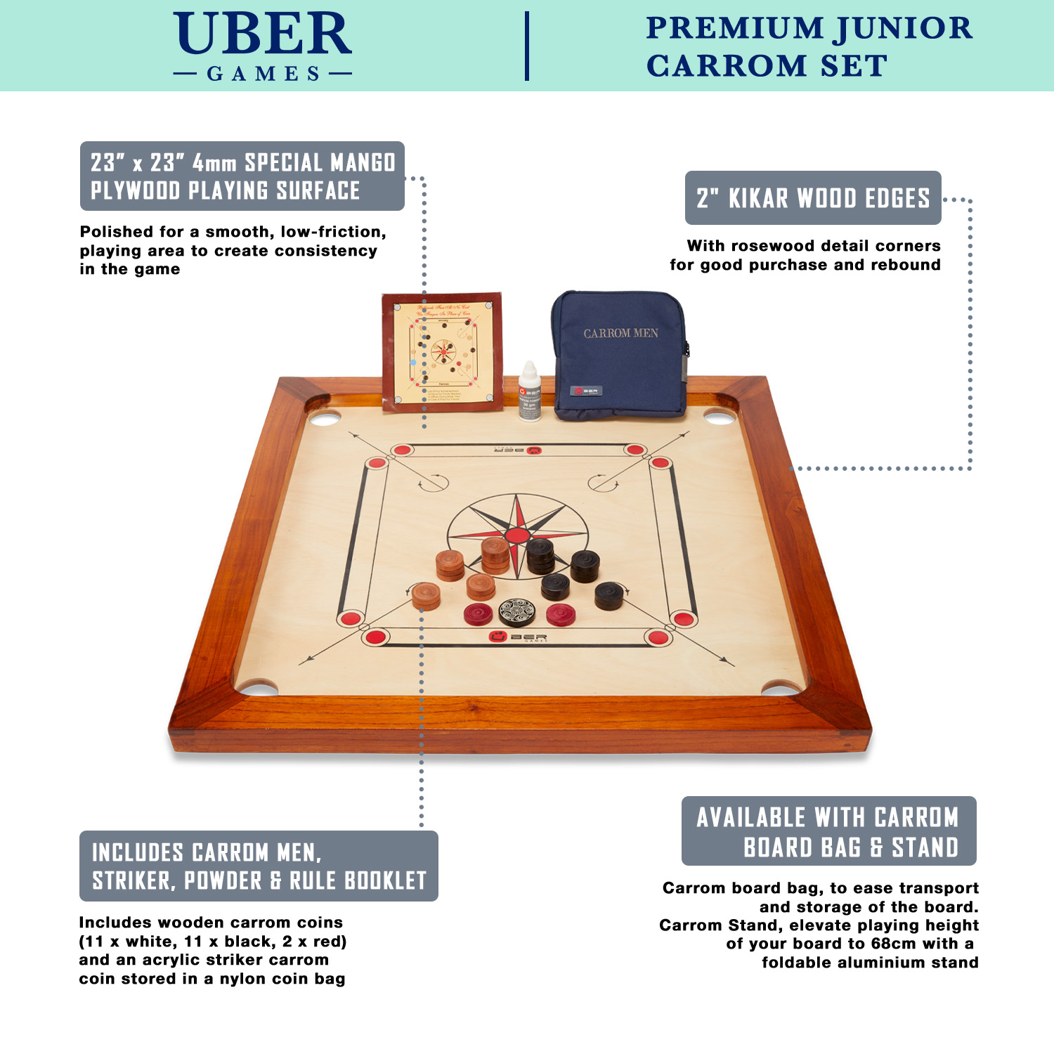 Compact Carrom - 68x68 cm - Eco Hardhout India - Handig voor transport