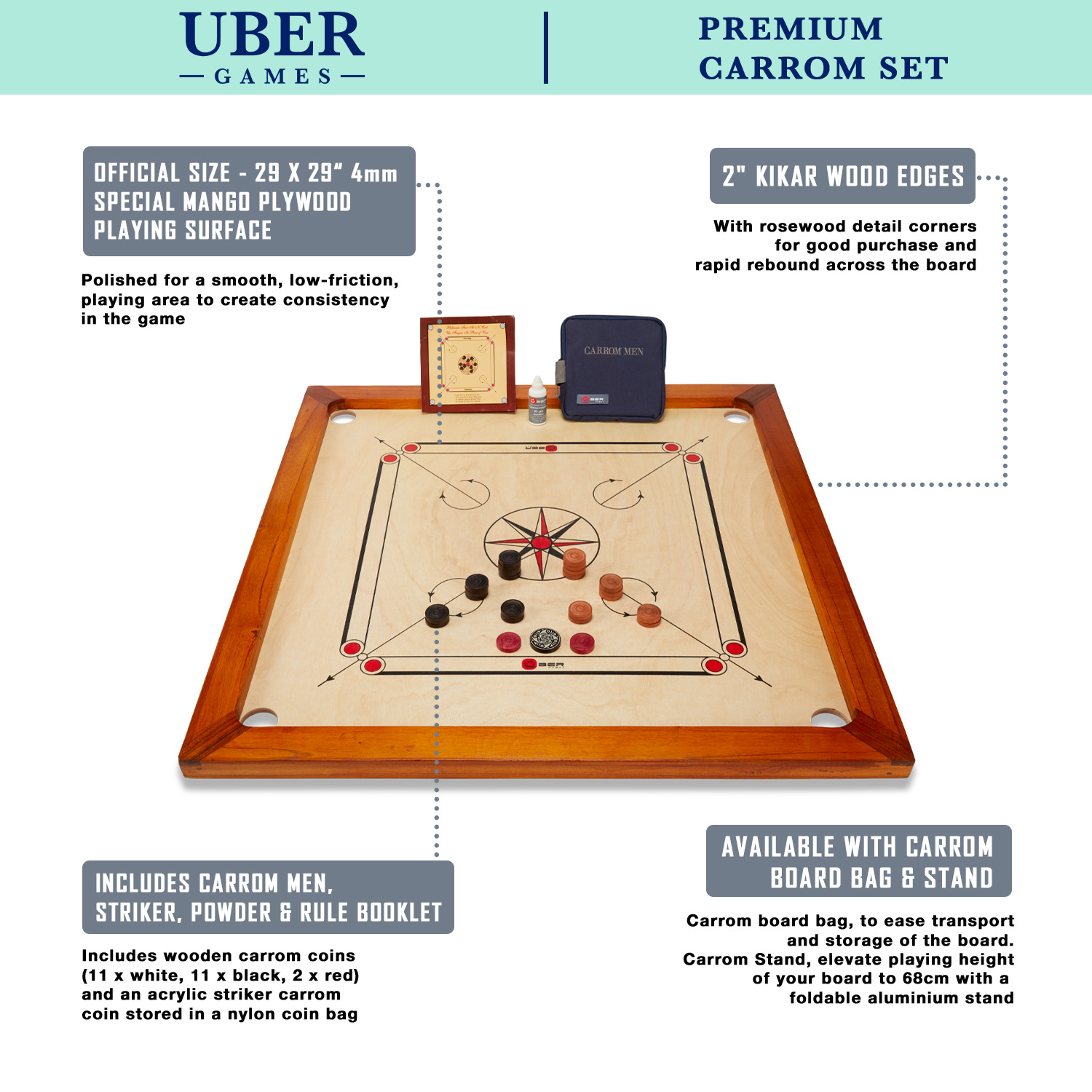 Carrom Board Ufficiale - Gioco Indiano In Legno Duro 74x74 Cm Con Dischi E Borsa - Foto 5