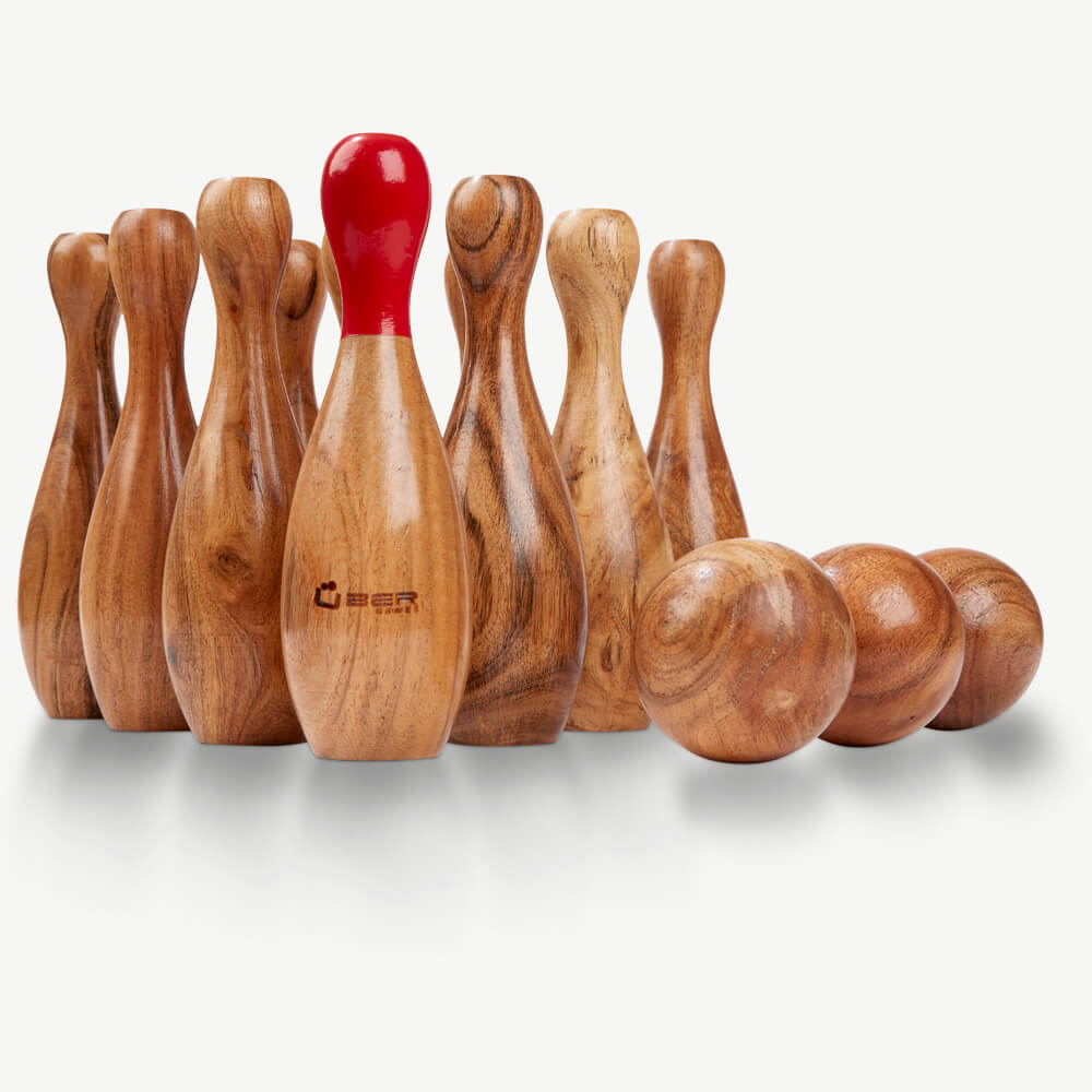 Uber Bowling Skittles Set - Eco Hardhout - in luxe draagtas - 23 cm hoog
